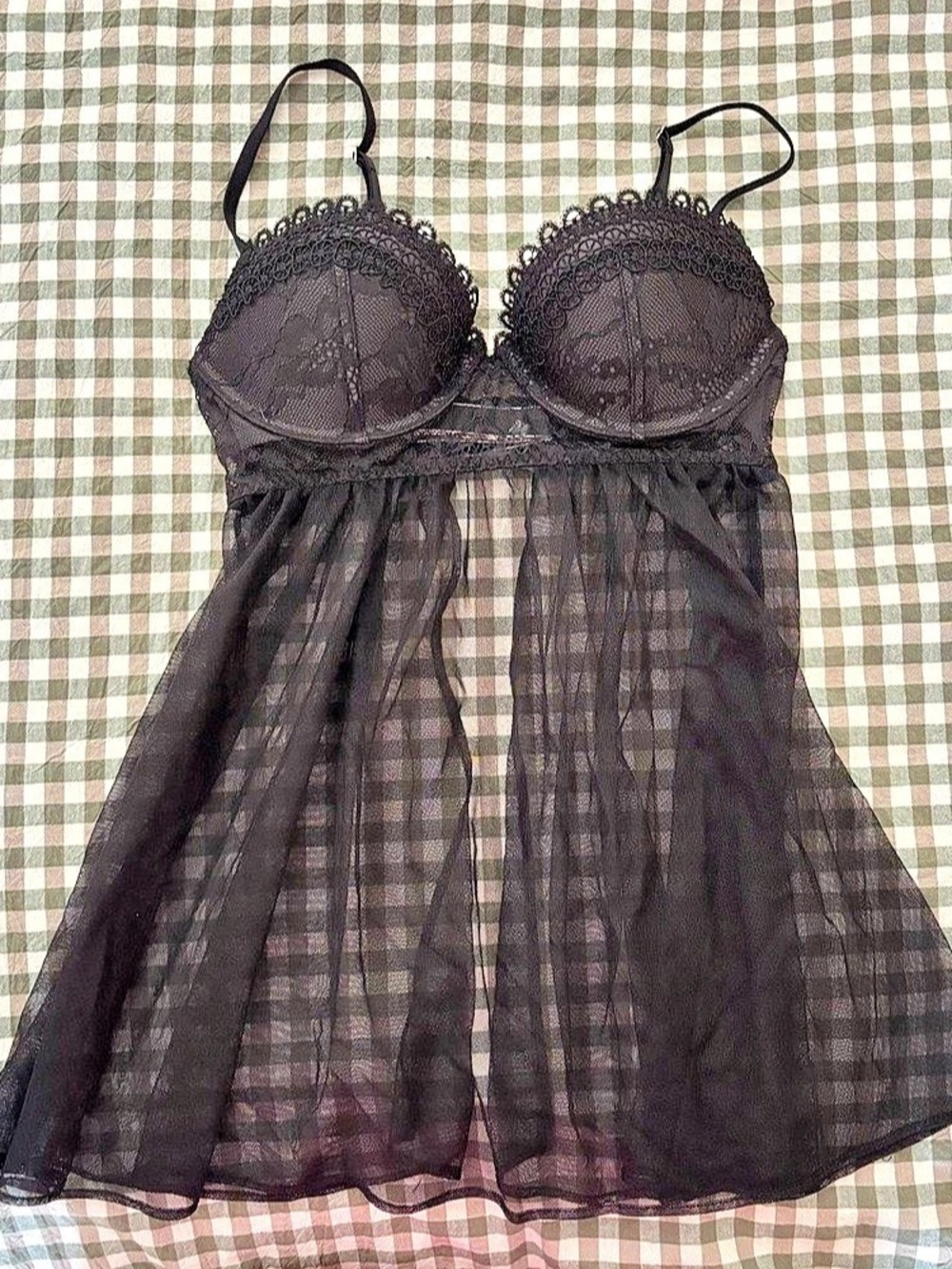 Victoria's Secret Black Lace Trim Mesh Babydoll Lingerie Babydoll 32C/70C